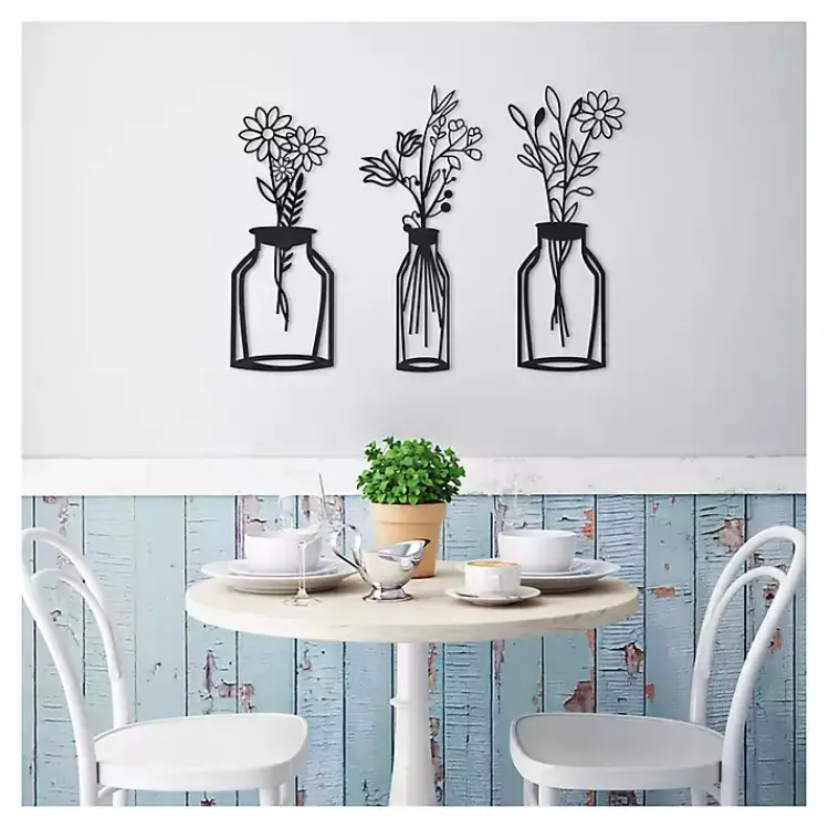Wall Plaques-Kirklands Home Metal Floral Vase Wall Plaques, Set of 3 Black