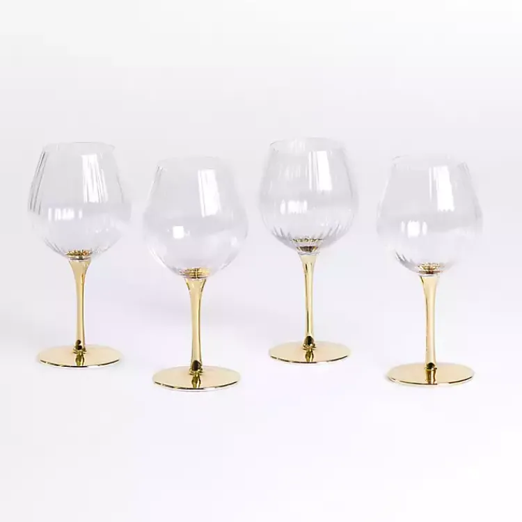 Glassware & Drinkware-Kirklands Home Ripple Gold Base Goblet Wine Glasses, Set of 4