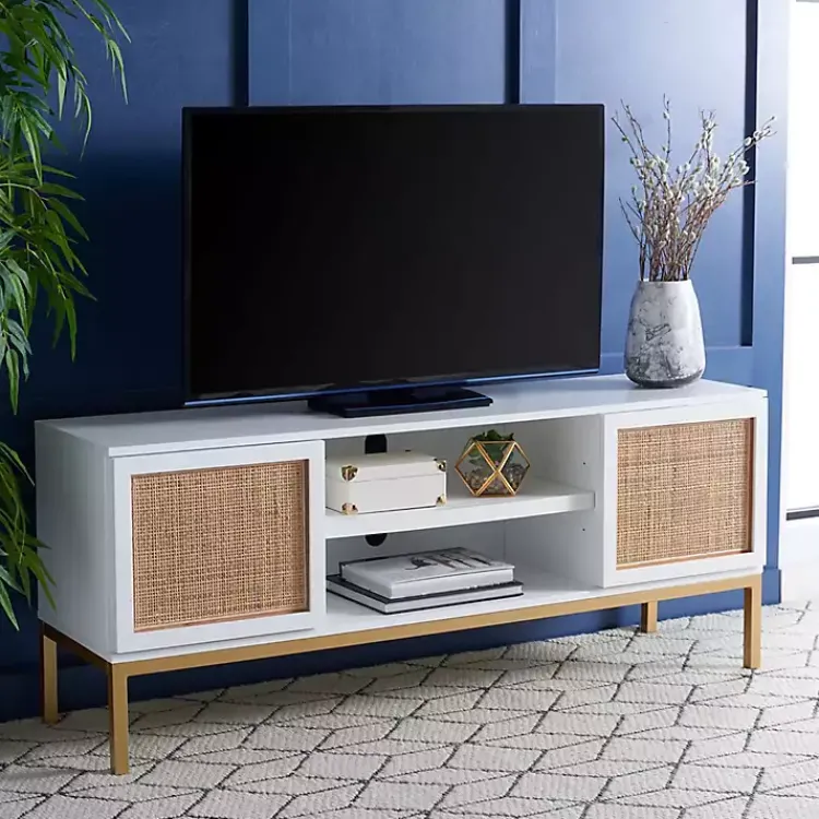 Tv Stands & Media Consoles-Kirklands Home and Gold Rattan Media Cabinet White
