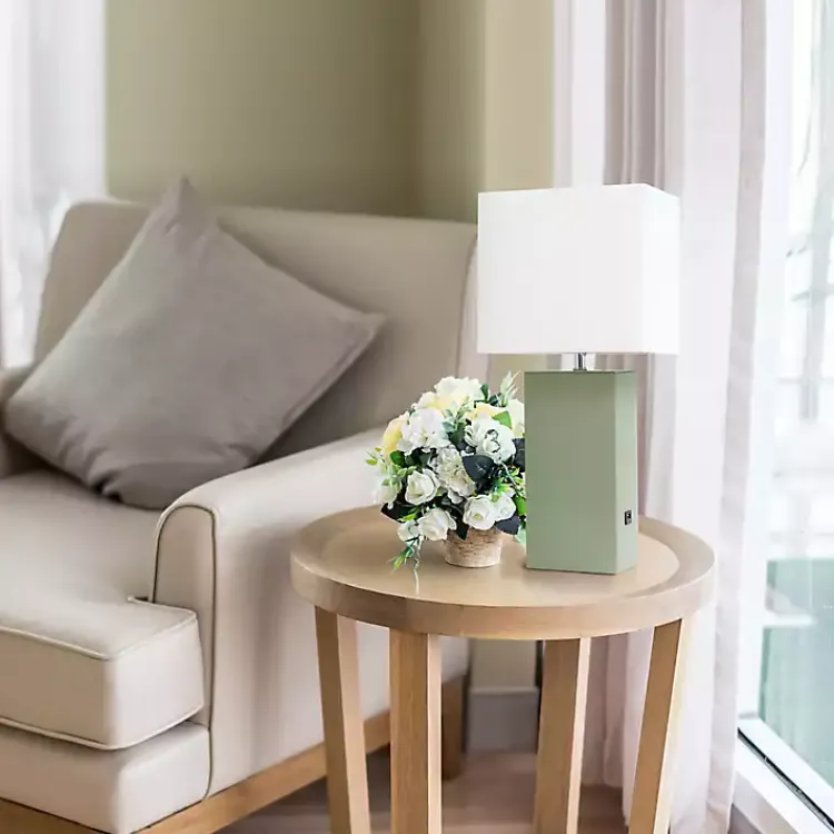Table Lamps-Kirklands Home Sage Leather Charging Table Lamp Green