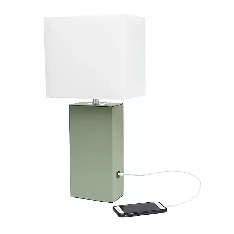 Table Lamps-Kirklands Home Sage Leather Charging Table Lamp Green