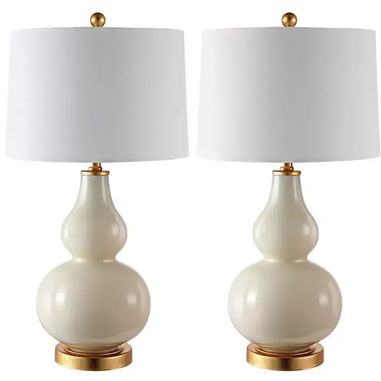 Table Lamps-Kirklands Home Cream and Gold Leaf Table Lamps, Set of 2 White