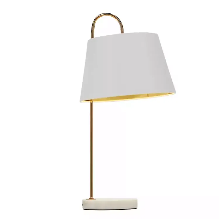 Table Lamps-Kirklands Home Gold Metal and Faux Silk Shade Table Lamp White