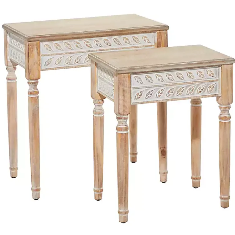 Accent & End Tables-Kirklands Home Natural Wood Carved Leaf Accent Tables, Set of 2