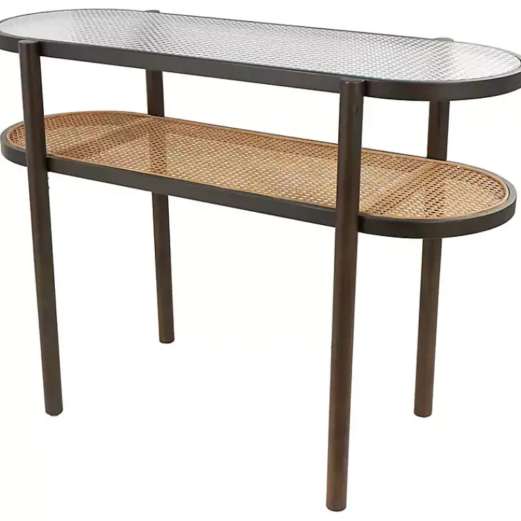 Console Tables-Kirklands Home Rattan and Glass 2-Tier Console Table