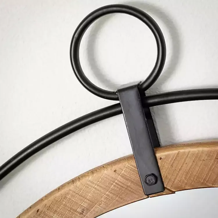 Decorative Mirrors-Kirklands Home Wood and Black Metal Modern Round Wall Mirror