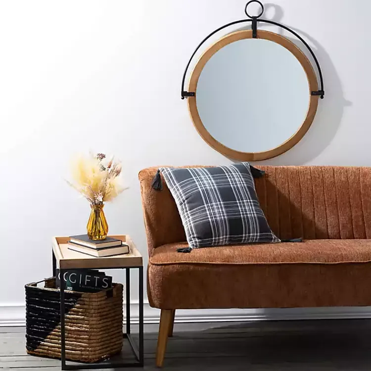 Decorative Mirrors-Kirklands Home Wood and Black Metal Modern Round Wall Mirror