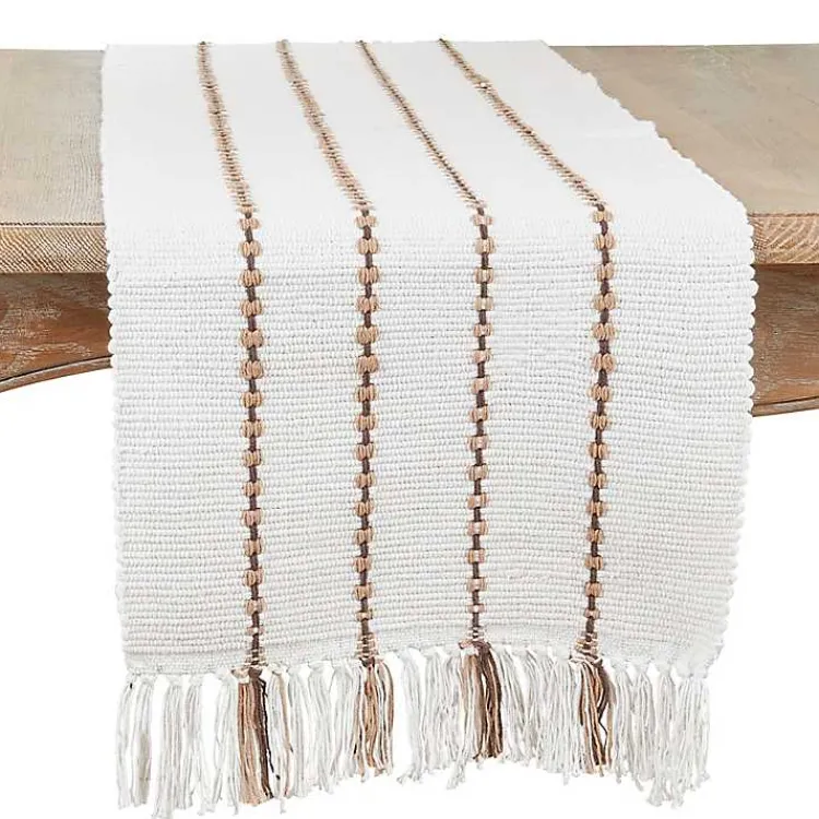 Table Linens-Kirklands Home Ivory Striped Fringe Table Runner