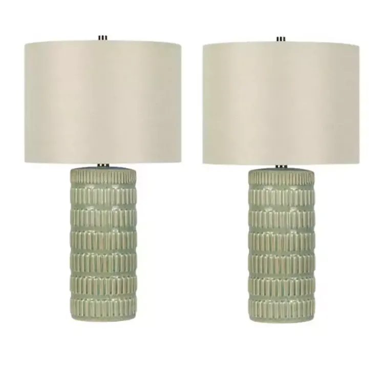 Table Lamps-Kirklands Home Green Textured Column Table Lamps, Set of 2 Tan