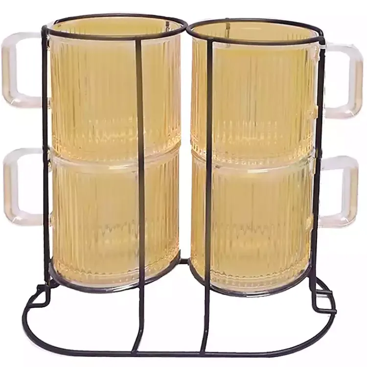 Glassware & Drinkware-Kirklands Home Amber Mugs with Rack 5-pc. Set Orange