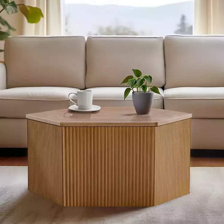 Coffee Tables-Kirklands Home Natural Fluted Hexagon Coffee Table Tan