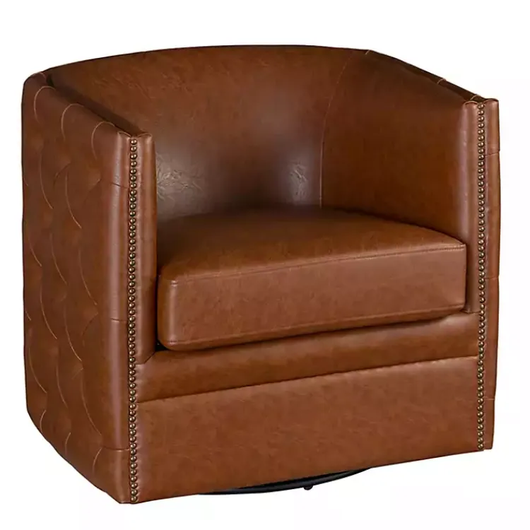 Accent Chairs-Kirklands Home Tufted Faux Leather Barrel Swivel Chair Brown
