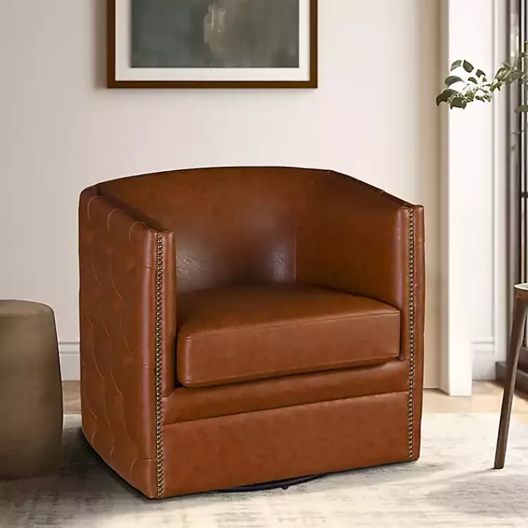 Accent Chairs-Kirklands Home Tufted Faux Leather Barrel Swivel Chair Brown