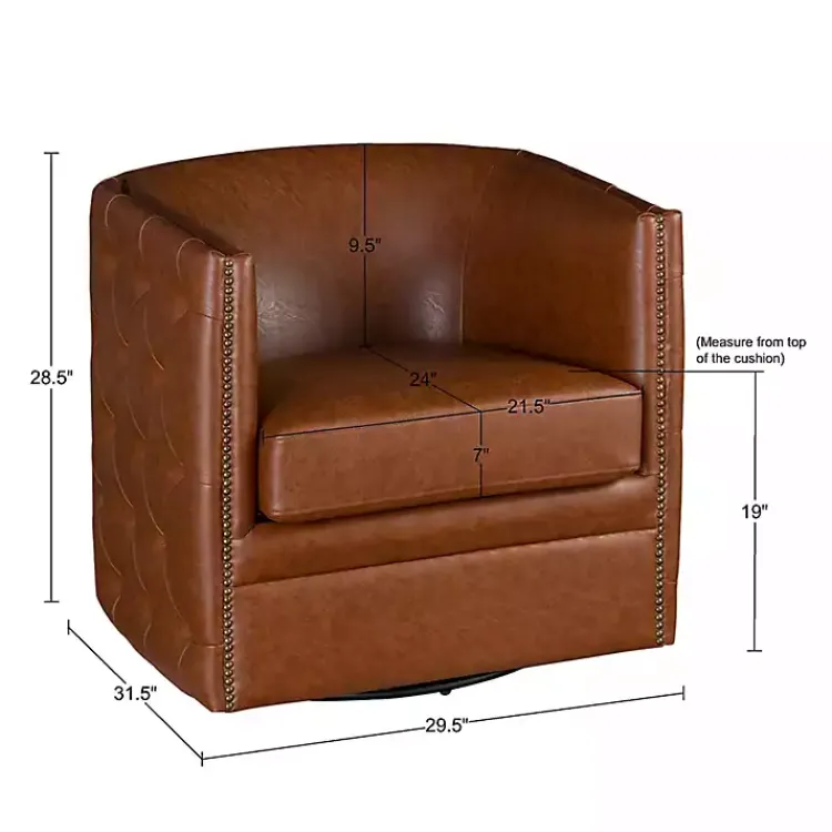 Accent Chairs-Kirklands Home Tufted Faux Leather Barrel Swivel Chair Brown