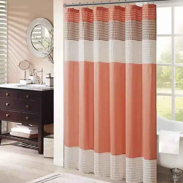 Shower Curtains-Kirklands Home Coral Colorblock Silky Shower Curtain Pink
