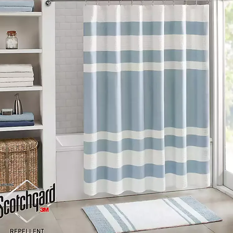 Shower Curtains-Kirklands Home Light Blue Striped Waffle Shower Curtain