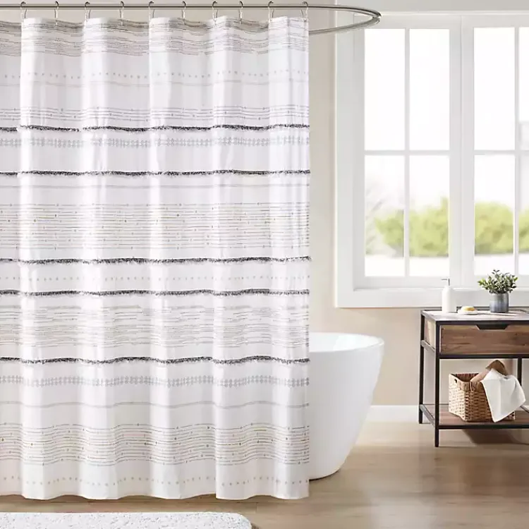 Shower Curtains-Kirklands Home Neutral Striped Boho Cotton Shower Curtain