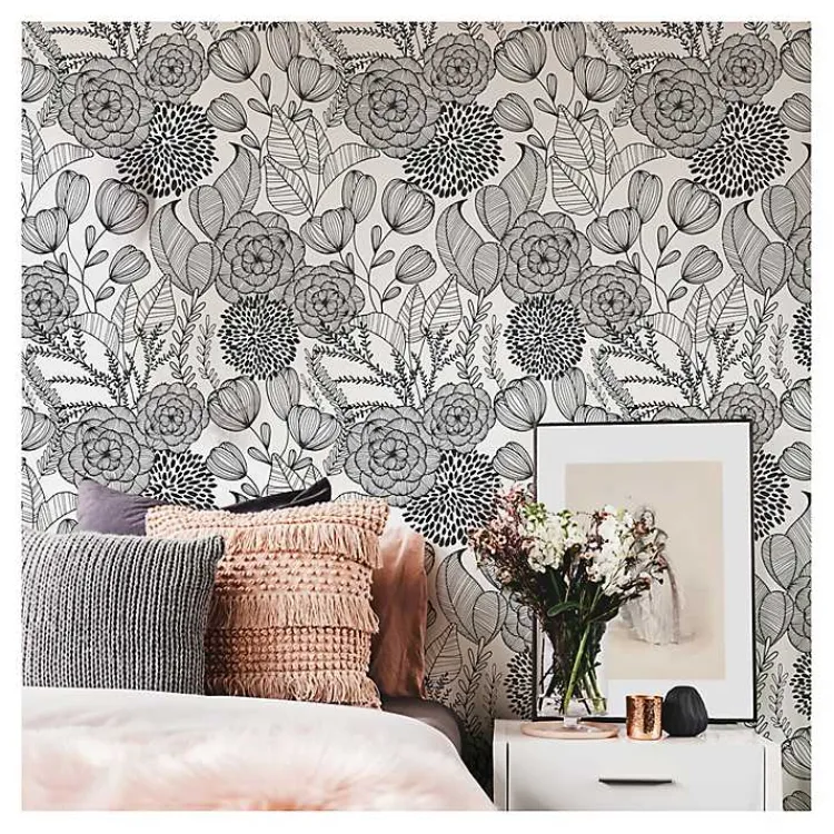 Wall Murals & Wallpaper-Kirklands Home & White Floral Garden Peel & Stick Wallpaper Black