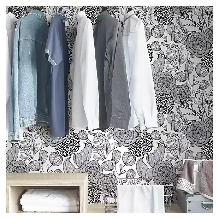 Wall Murals & Wallpaper-Kirklands Home & White Floral Garden Peel & Stick Wallpaper Black