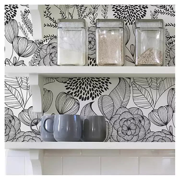 Wall Murals & Wallpaper-Kirklands Home & White Floral Garden Peel & Stick Wallpaper Black