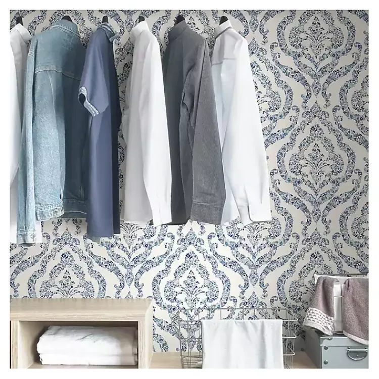 Wall Murals & Wallpaper-Kirklands Home Floral Damask Pattern Peel & Stick Wallpaper Blue