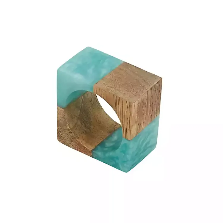 Table Linens-Kirklands Home Teal Wood and Resin Square Napkin Rings, Set of 4
