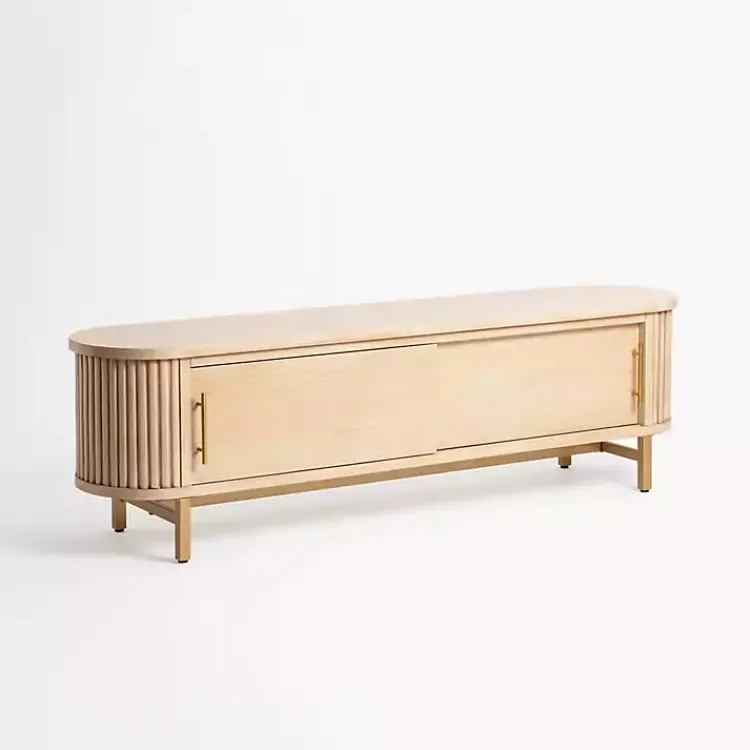 Coffee Tables-Kirklands Home Oval Ribbed Sliding Doors Coffee Table Tan