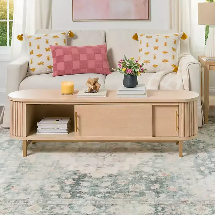 Coffee Tables-Kirklands Home Oval Ribbed Sliding Doors Coffee Table Tan