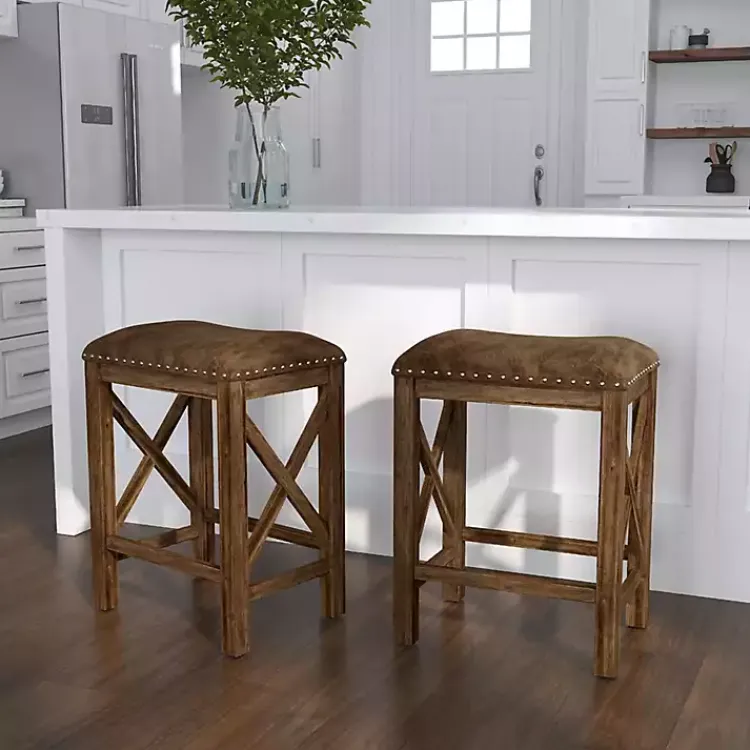 Bar Stools & Counter Height Stools-Kirklands Home Antique Walnut Faux Leather Stools, Set of 2 Brown