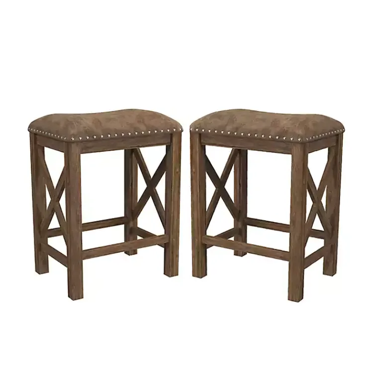 Bar Stools & Counter Height Stools-Kirklands Home Antique Walnut Faux Leather Stools, Set of 2 Brown