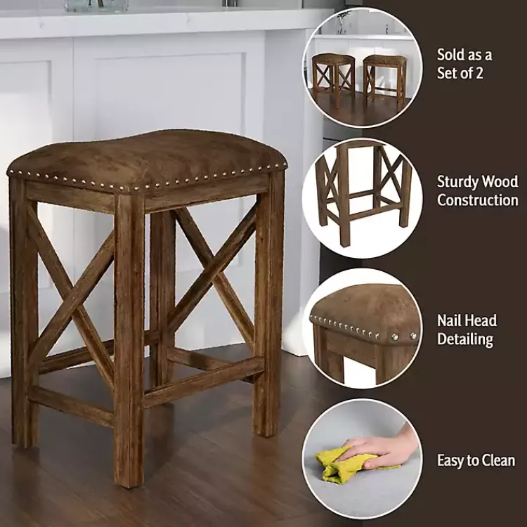 Bar Stools & Counter Height Stools-Kirklands Home Antique Walnut Faux Leather Stools, Set of 2 Brown