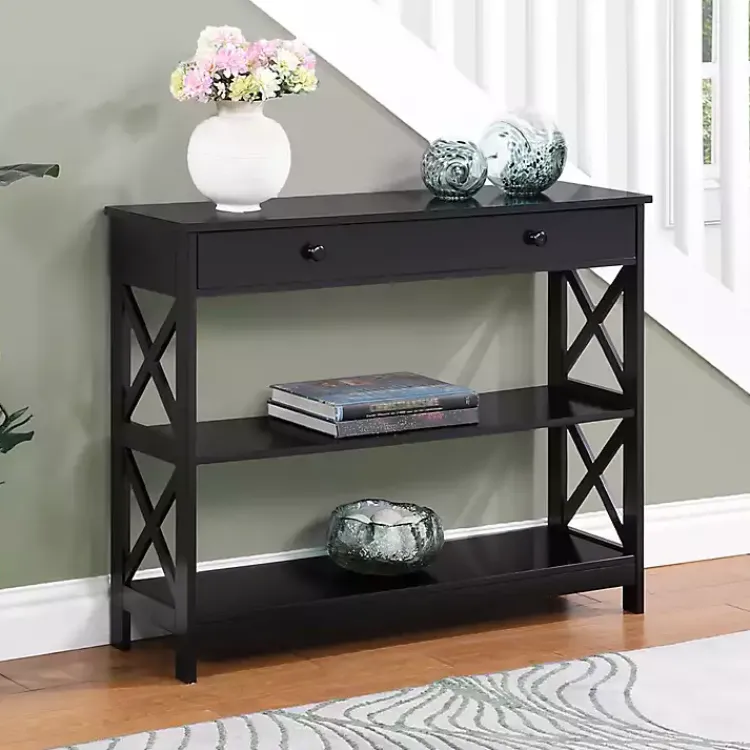 Console Tables-Kirklands Home Black X-Frame 2-Shelf Console Table Brown