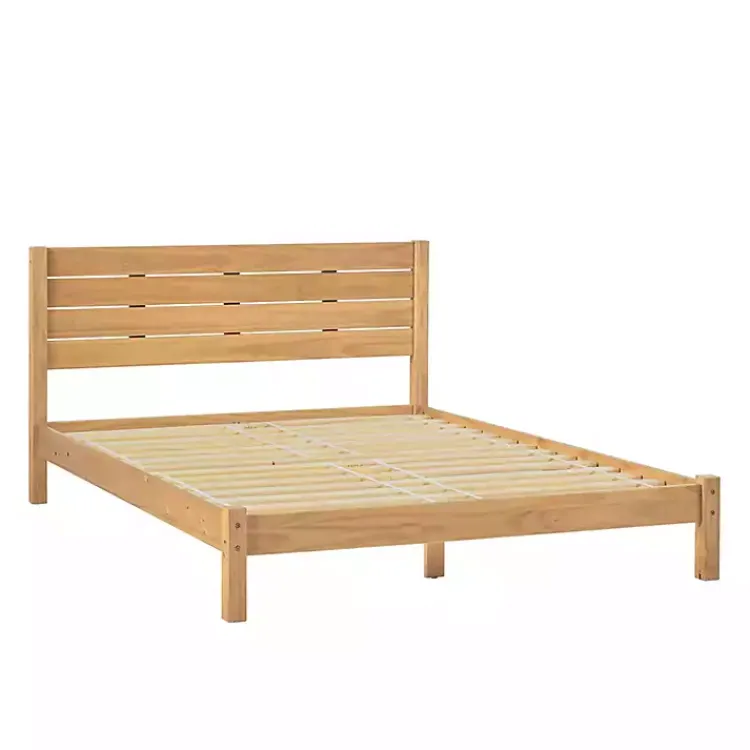 Beds & Headboards-Kirklands Home Natural Pine Wood Slatted Headboard Queen Bed Tan