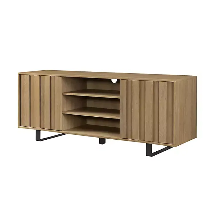 Tv Stands & Media Consoles-Kirklands Home Coastal Oak Grooved Media Cabinet Tan