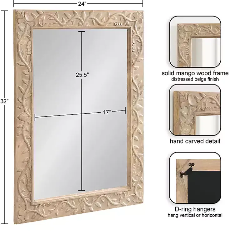 Decorative Mirrors-Kirklands Home Natural Wood Ornate Carved Wall Mirror Tan