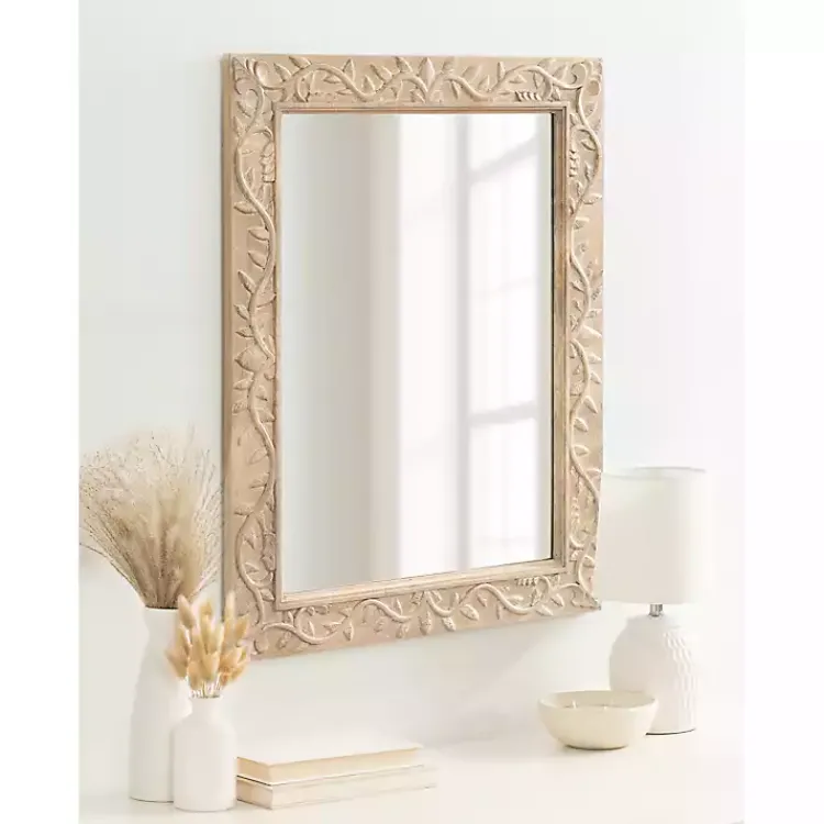 Decorative Mirrors-Kirklands Home Natural Wood Ornate Carved Wall Mirror Tan