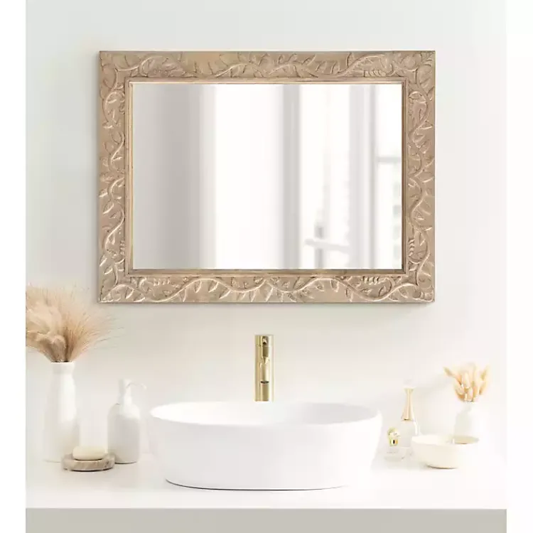Decorative Mirrors-Kirklands Home Natural Wood Ornate Carved Wall Mirror Tan