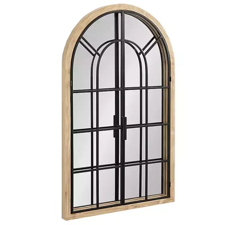 Decorative Mirrors-Kirklands Home Natural Wood and Metal Arch Windowpane Wall Mirror