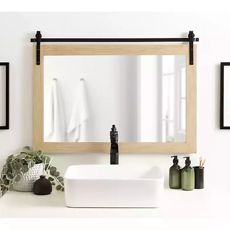Decorative Mirrors-Kirklands Home Natural Wood Metal Barn Door Wall Mirror