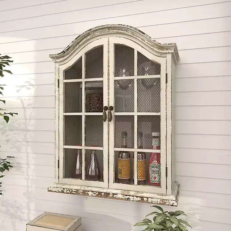 Wall Storage-Kirklands Home Distressed Cream Wood Wall Cabinet