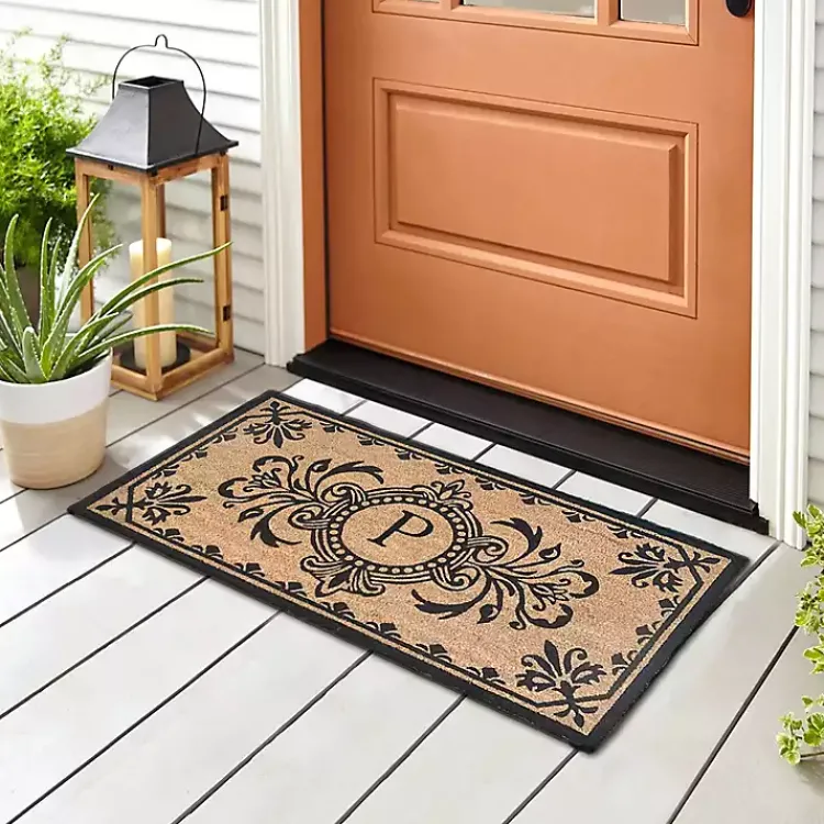 Doormats-Kirklands Home Black Fleur De Lis Monogram P Doormat