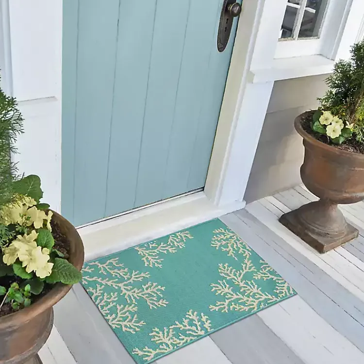 Outdoor Rugs-Kirklands Home Turquoise Coral Indoor/Outdoor Rug, 2x3