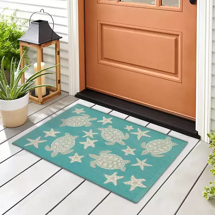 Outdoor Rugs-Kirklands Home Turquoise Turtles Indoor/Outdoor Rug, 3x4