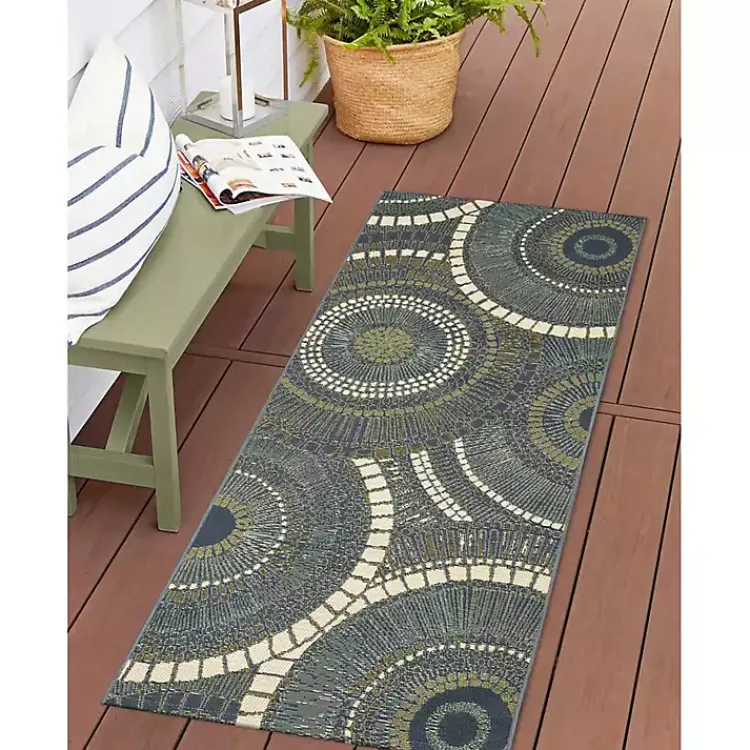 Outdoor Rugs-Kirklands Home Blue and Green Spheres Indoor/Outdoor Runner, 1x4