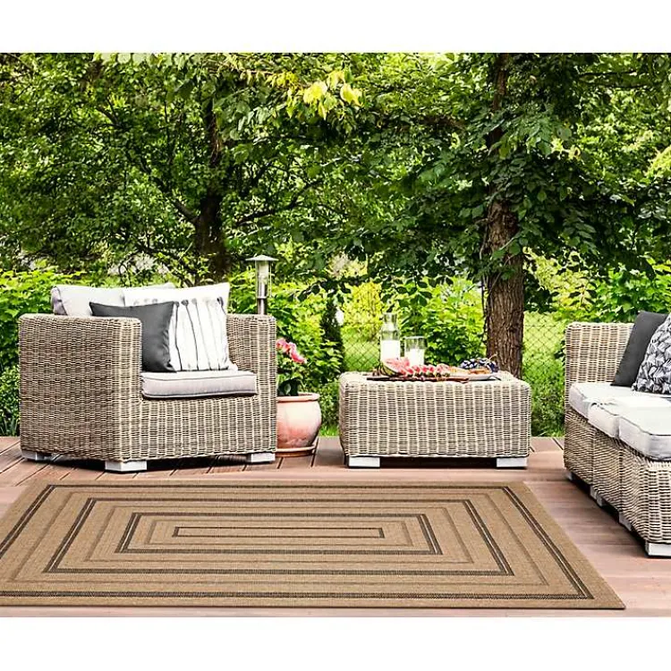 Outdoor Rugs-Kirklands Home Tan and Black Framed Indoor/Outdoor Area Rug, 7X9