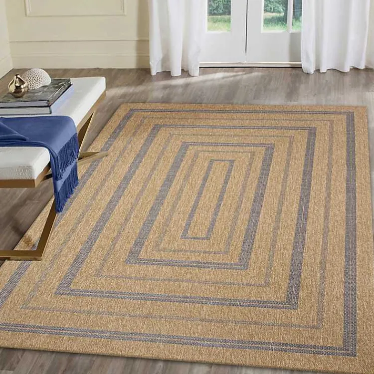 Outdoor Rugs-Kirklands Home Tan and Navy Framed Indoor/Outdoor Area Rug, 7x9