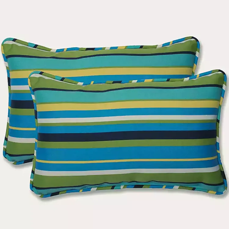 Outdoor Cushions & Pillows-Kirklands Home Blue Topanga Striped Outdoor Pillows, Set of 2