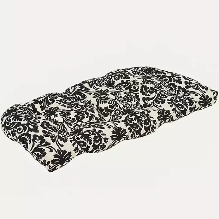 Outdoor Cushions & Pillows-Kirklands Home Black Damask Tufted Outdoor Settee Cushion