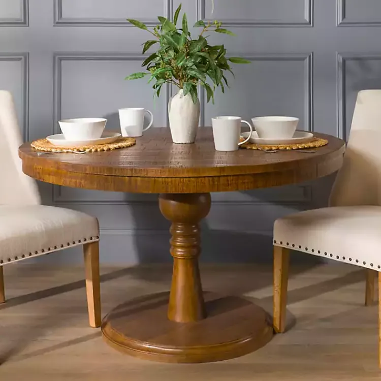Dining Tables-Kirklands Home Round Wood Pedestal Dining Table Brown