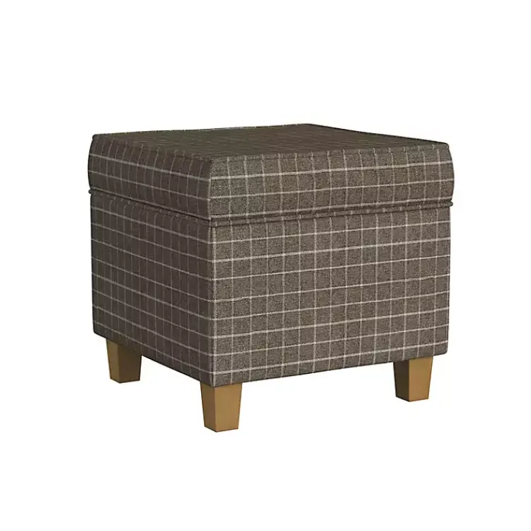 Benches & Ottomans-Kirklands Home Plaid Upholstered Square Storage Ottoman Brown